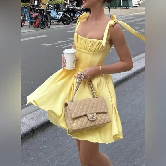 NWT Romantic Yellow Satin Tie-Strap Mini Dress with Corset Back Size S-L - Picture 2 of 7